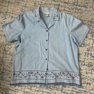 Alfred Dunner Denim Blue Cottagecore Embroidered Blouse